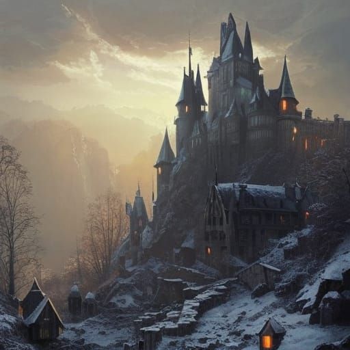 Castle in Winter Wonderland Illuminated by Divine Light