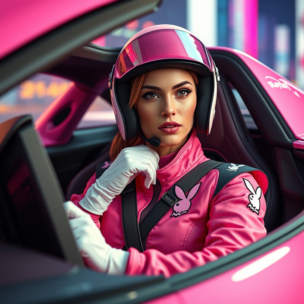 Confident Playboy Racer in Hyperrealistic Pink Sports Car