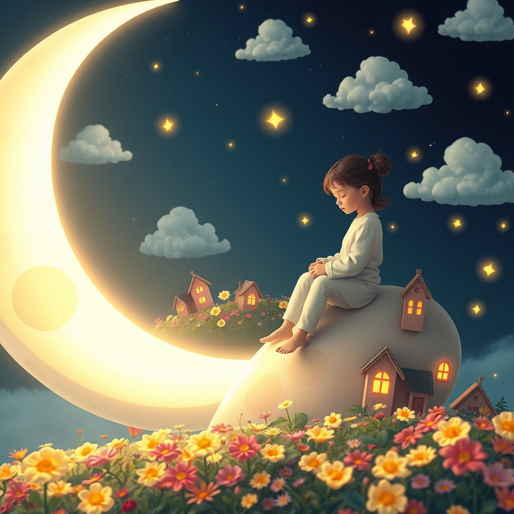 Dreamy Moonlit Scene with a Serene Lady and Vibrant Fantasy....
