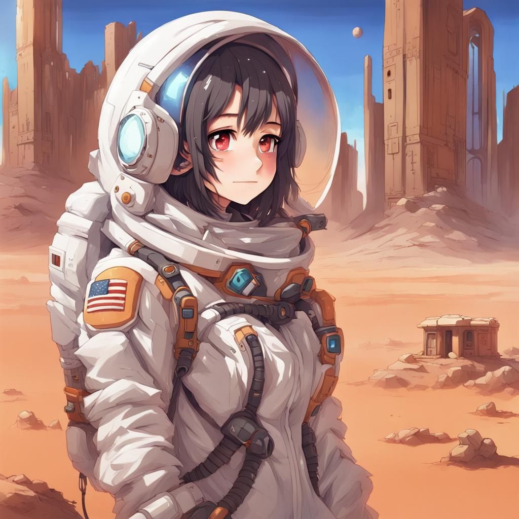 Anime Girl in Spacesuit on Desert Planet