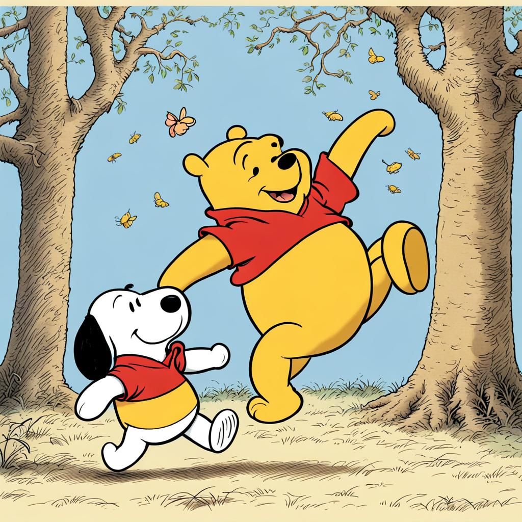 Winnie the Pooh and Snoopy Dance Together in a Whimsical Mur...