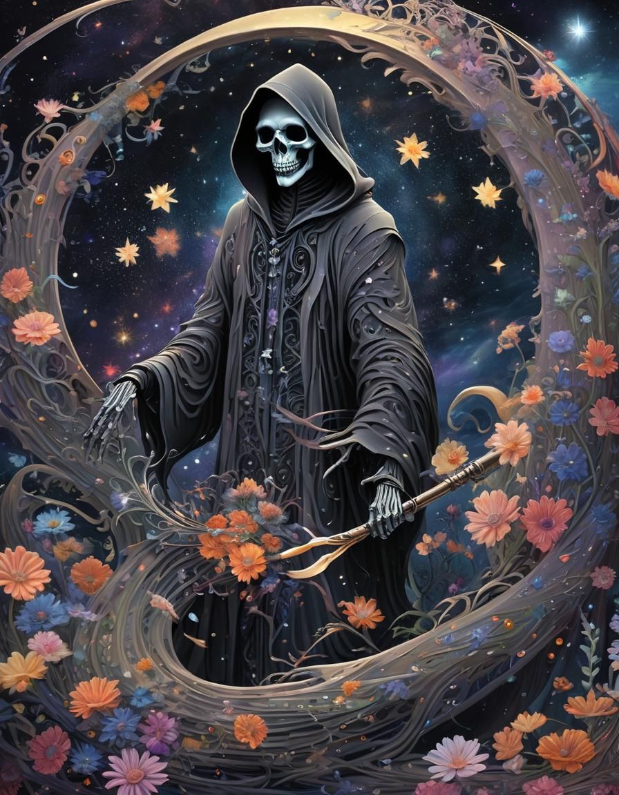 Cosmic Grim Reaper in Vibrant Astral Bloom