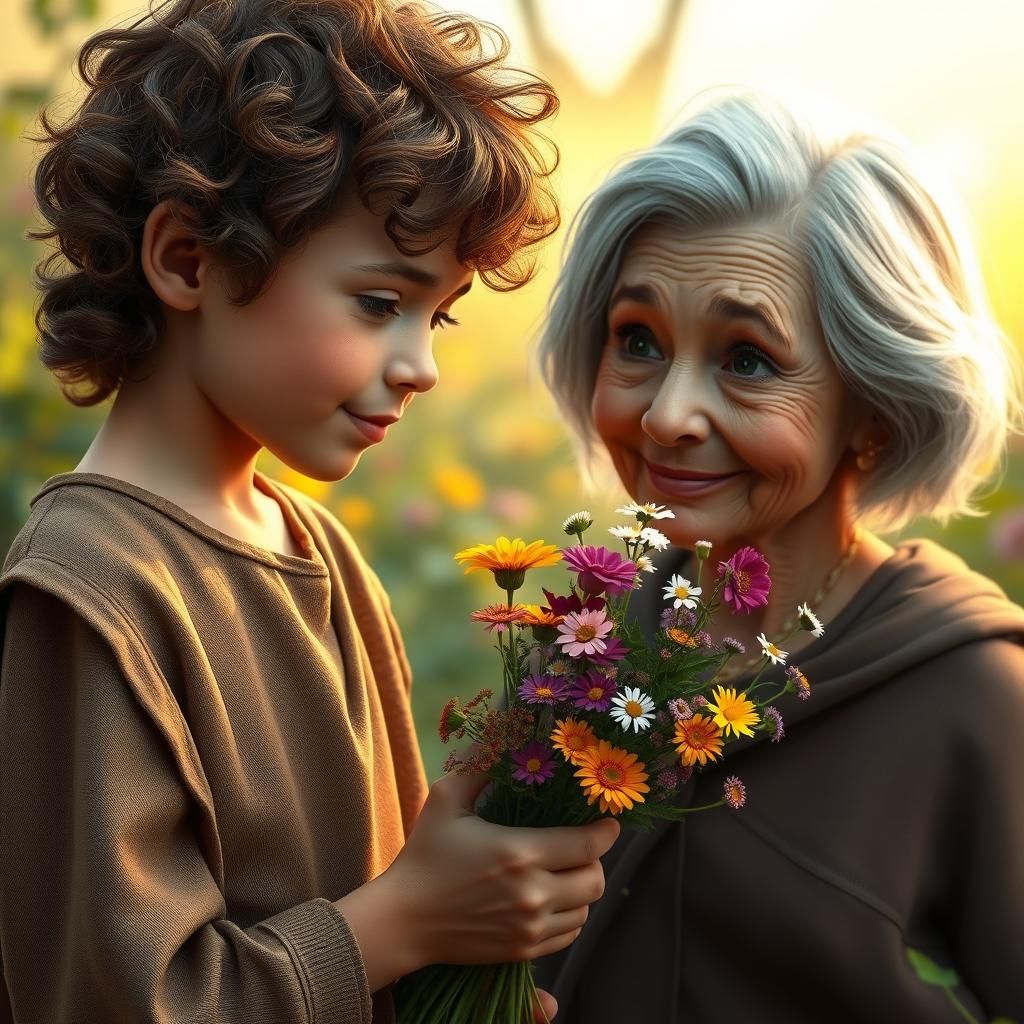 Rustic Boy Offers Wildflowers to Elderly Woman in Whimsical....