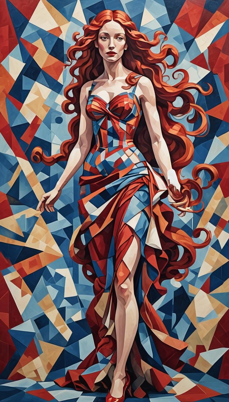 Venus in Vibrant Red Attire, Set against a Soothing Blue Bac...