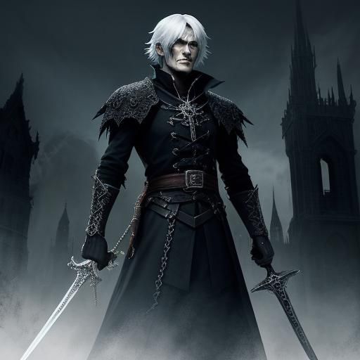 Dante in Dark Fantasy Gothic Cityscape with Devilish Silhoue...