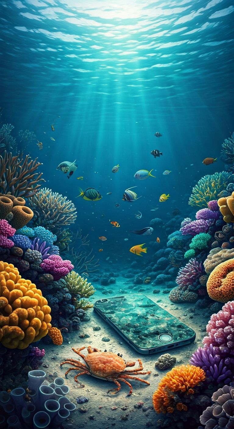 Sunken iPhone on Ocean Floor with Coral Reef Life