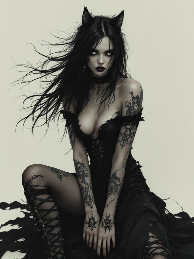 Dark Gothic Punk Goddess Unveiled in Satin Black Hair