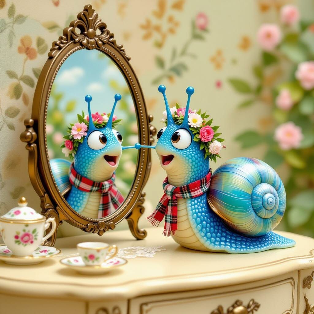 Snail's Reflection: A Whimsical Storybook Scene