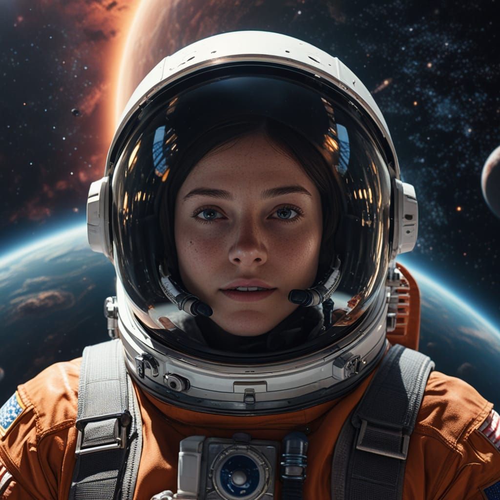 Astronaut Floating Before Alien Planet in Space