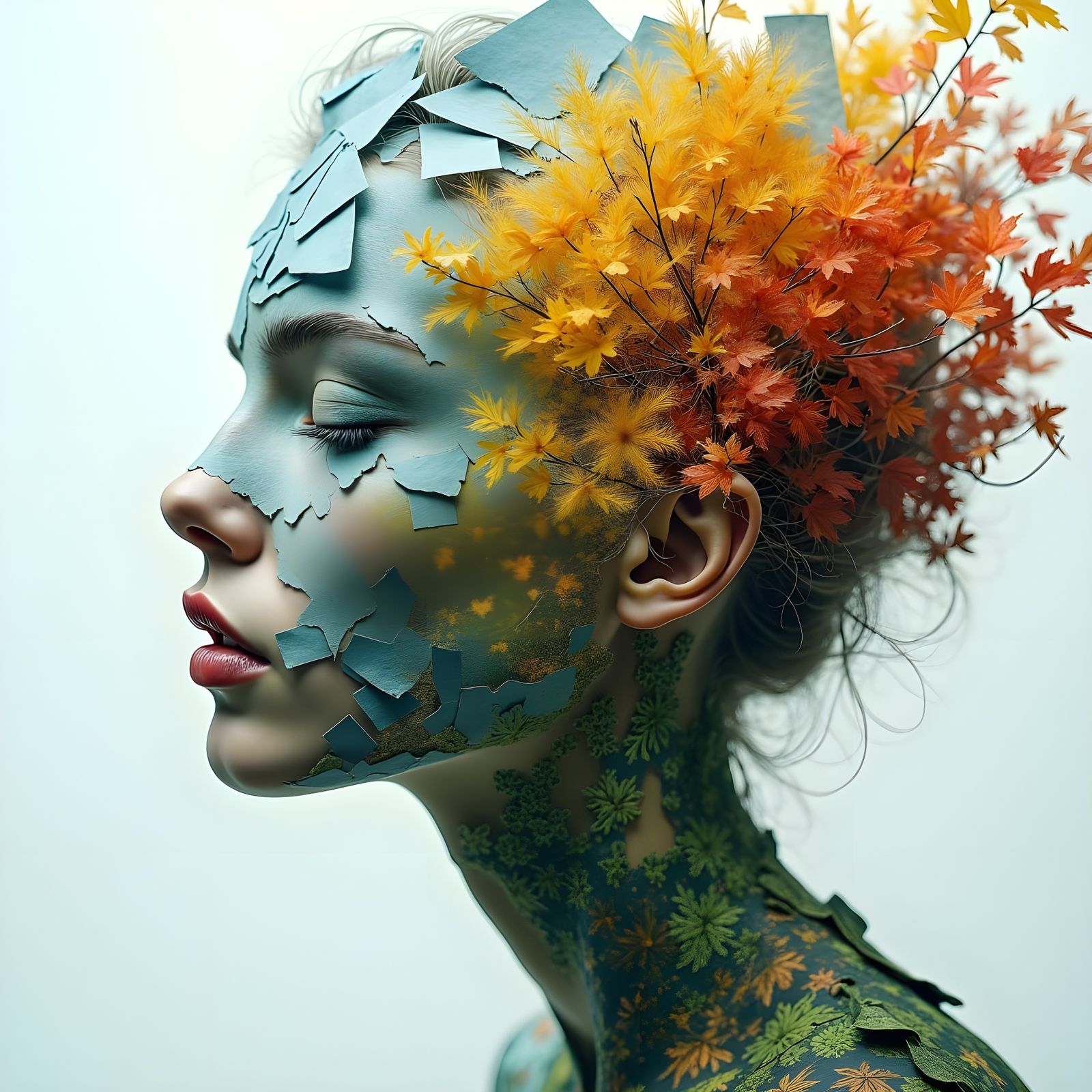 Hyperealistic Double Exposure of Seasons in Ripped Paper Lay...
