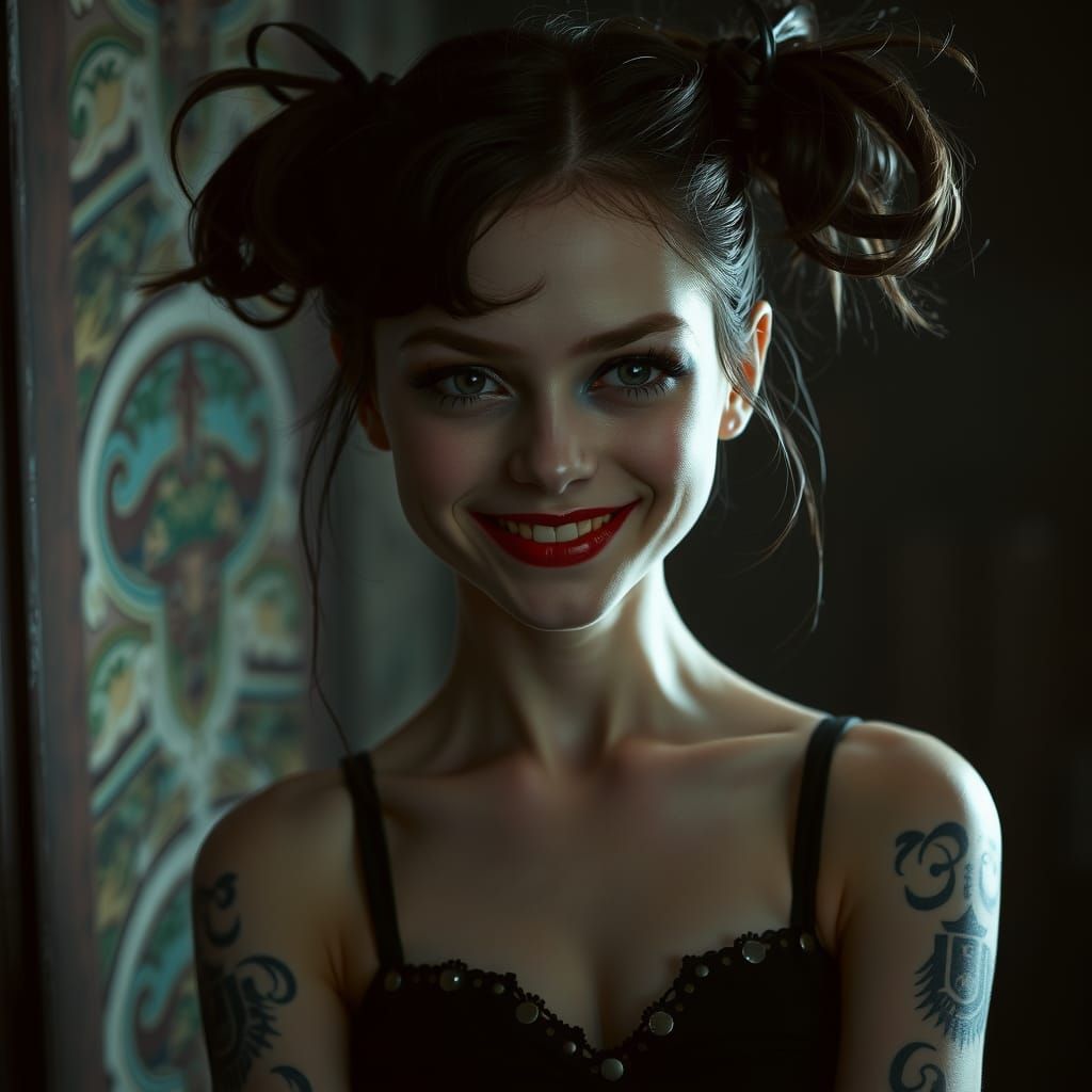 Gothic Rebel Girl with Smudged Eye Makeup and Calligraphic T...