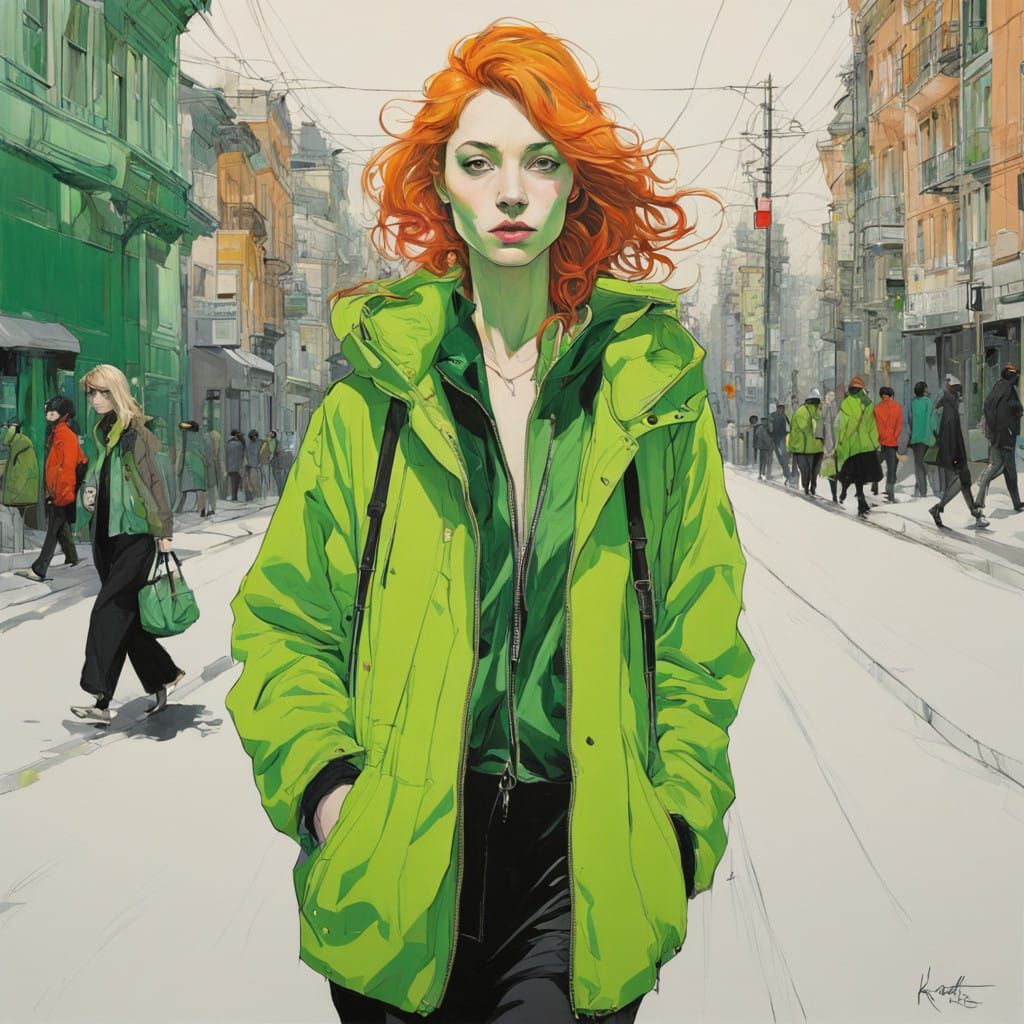 Ethereal Woman in a Vibrant Green Coat Strolls Down the City...