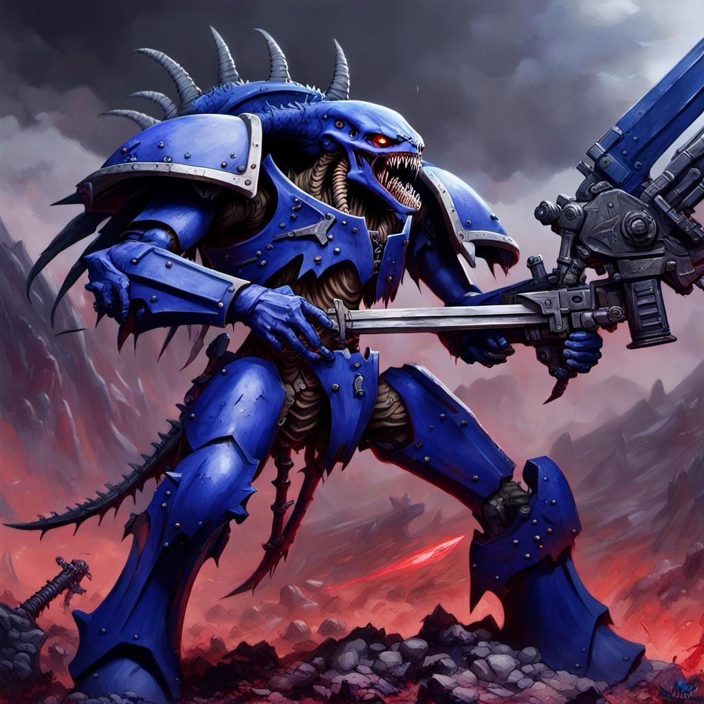 Intricate Warhammer 40k Ultramarine Slaying Tyranid in Blood...