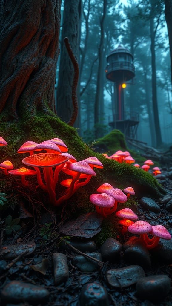 Hyperrealistic Twilight Forest with Bioluminescent Fungi