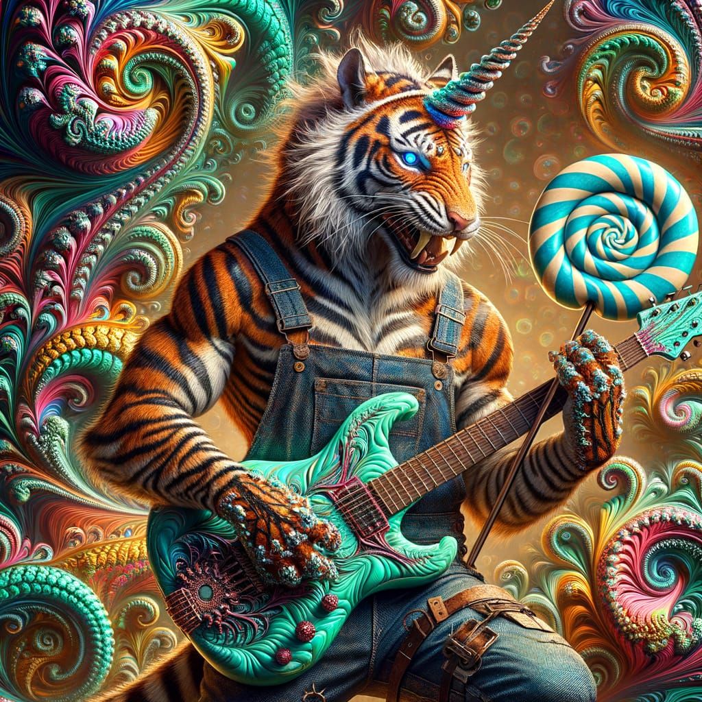 Whimsical Tiger-Unicorn Hybrid Plays Candy-Colored Guitar
