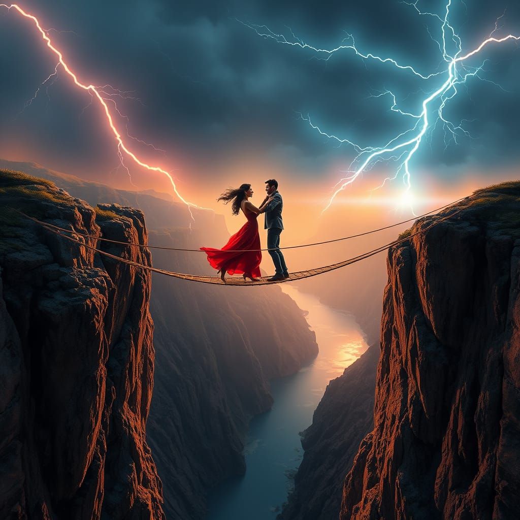Ethereal Tango Dancers on a Sparkling Rope Bridge