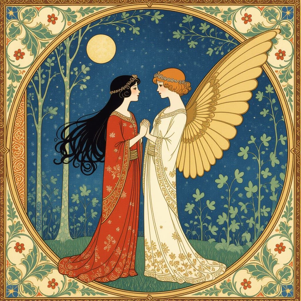Maiden and Angel in Golden Age Illustration Style