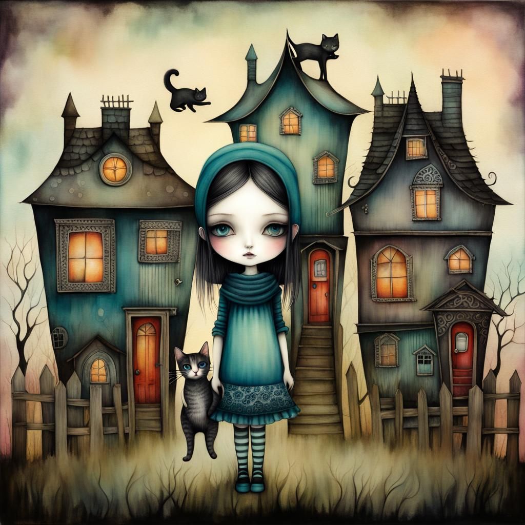 Surreal Girl with Faded Houses in a Dreamlike Scene