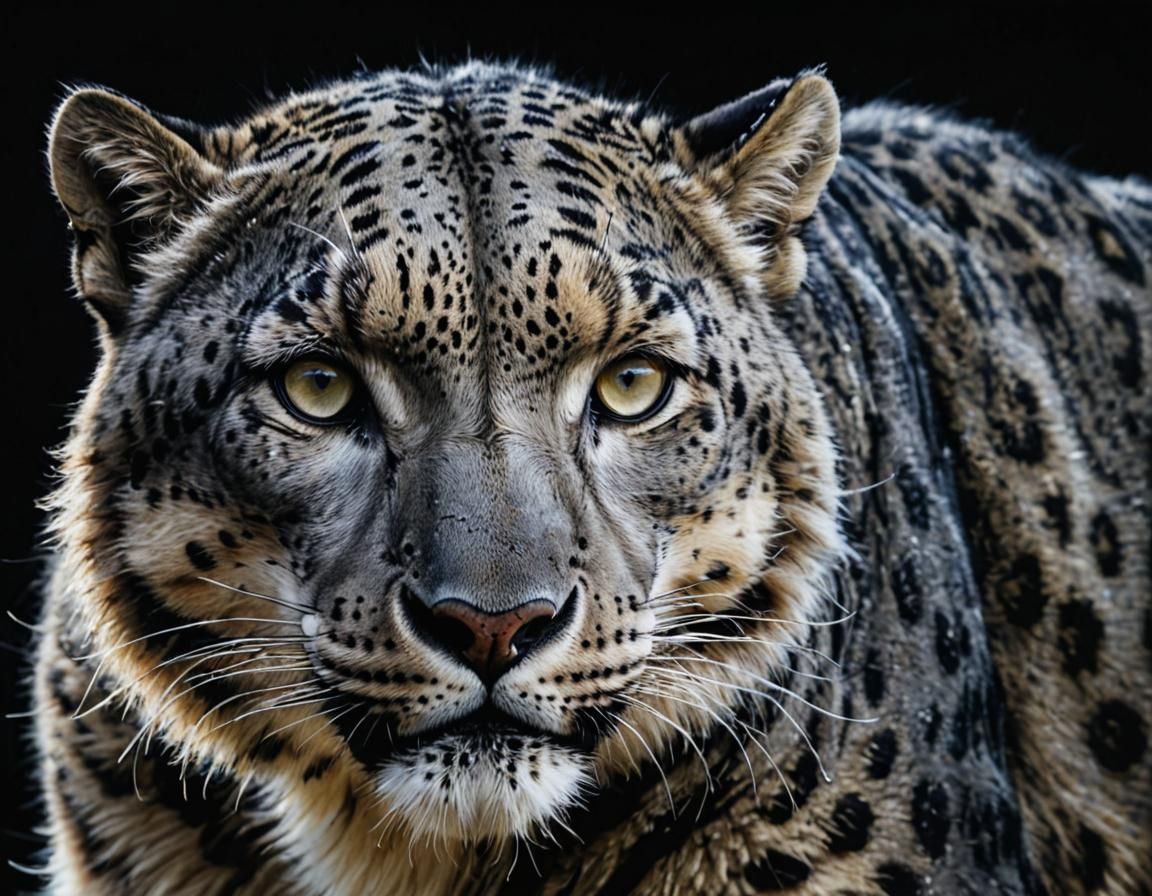 Grunge Animal Portrait of a Snow Leopard in Silver and Matte...