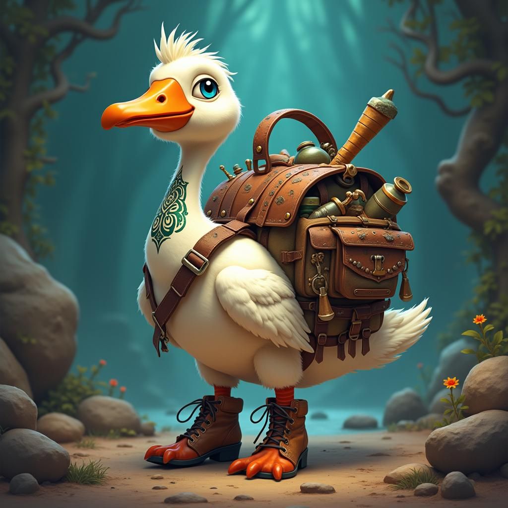 Gritty 2D Cartoon Goose with Celtic Tattoo and Ratty Backpac...