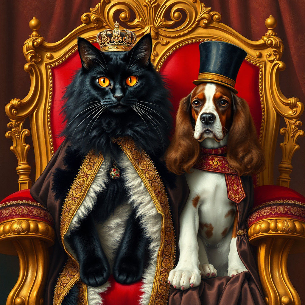 Regal Feline and Canine Duo in Velvet Gowns