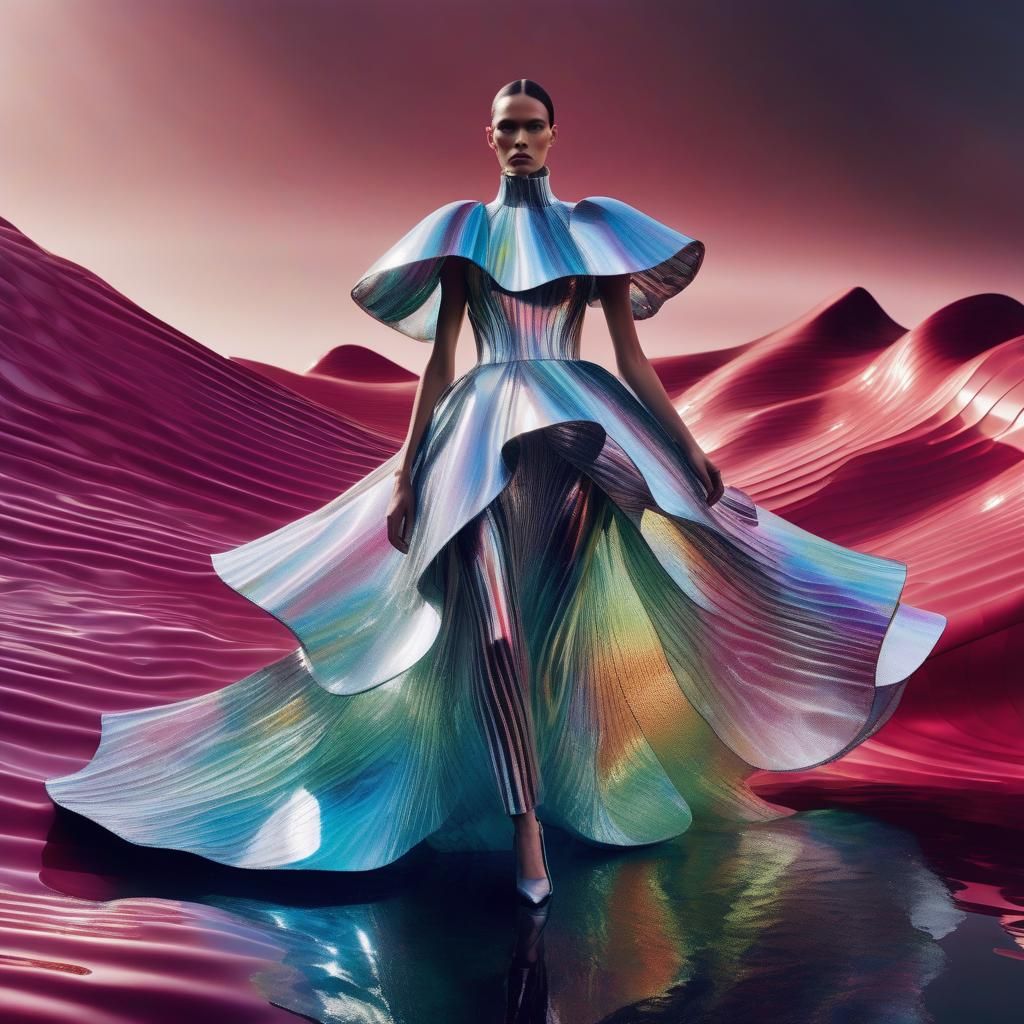 Sculptural Futuristic Gowns in Prismatic Holographic Fabrics