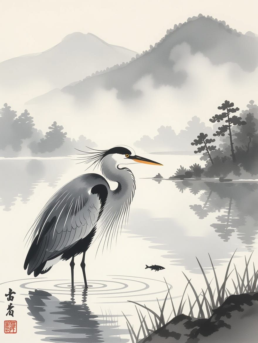 Grey Heron in Misty Lake: Sumi-e Ink Drawing