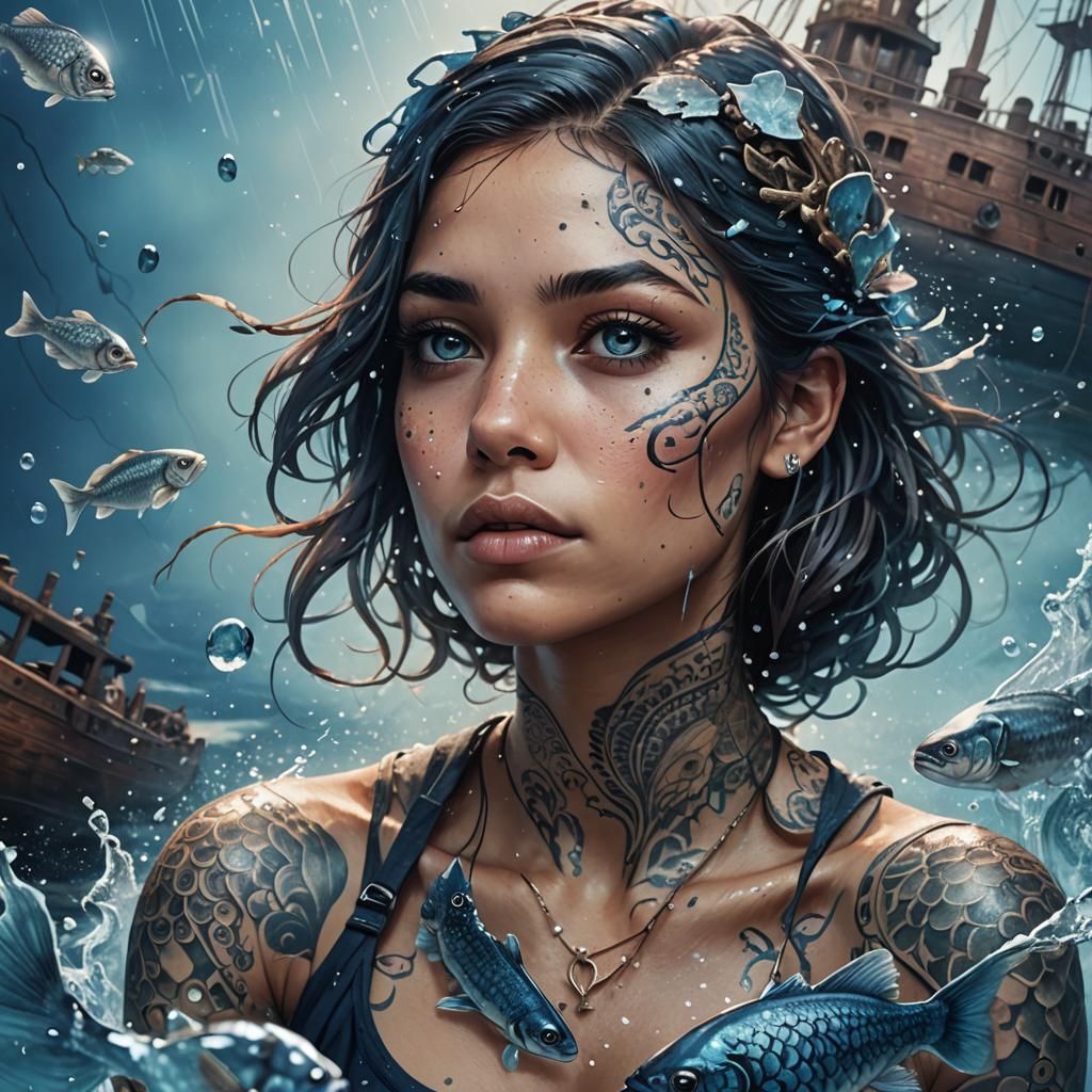 Wonder-Filled Woman Gazing at Sunken Ship in Vibrant, Gradie...