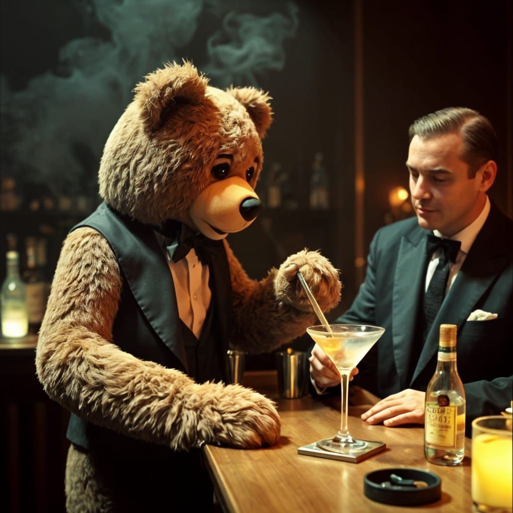 Teddy Bear Bartender Mixes Martini in Smoky Bar