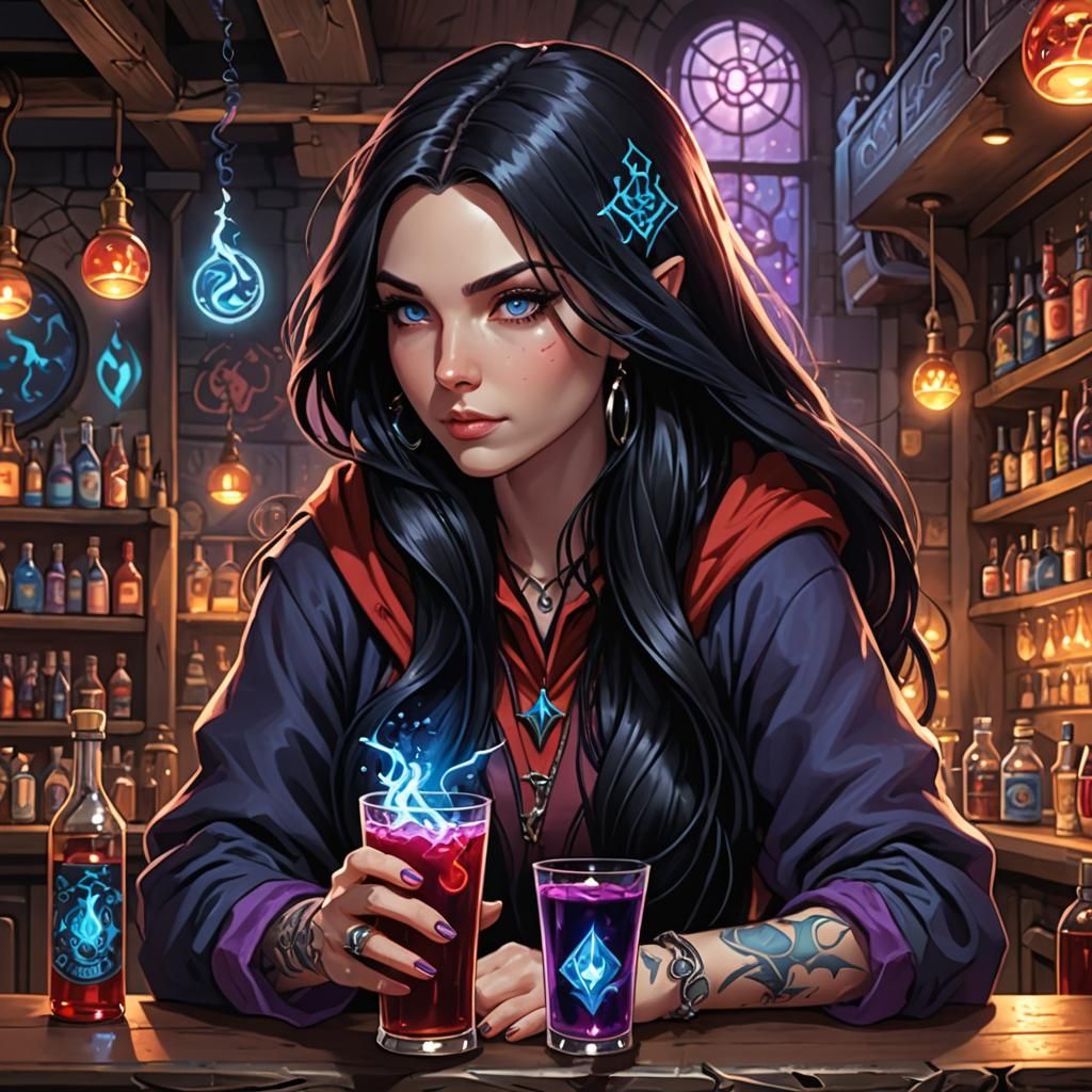 Enchanted Sorceress Takes a Midnight Sip, in the Style of Po...