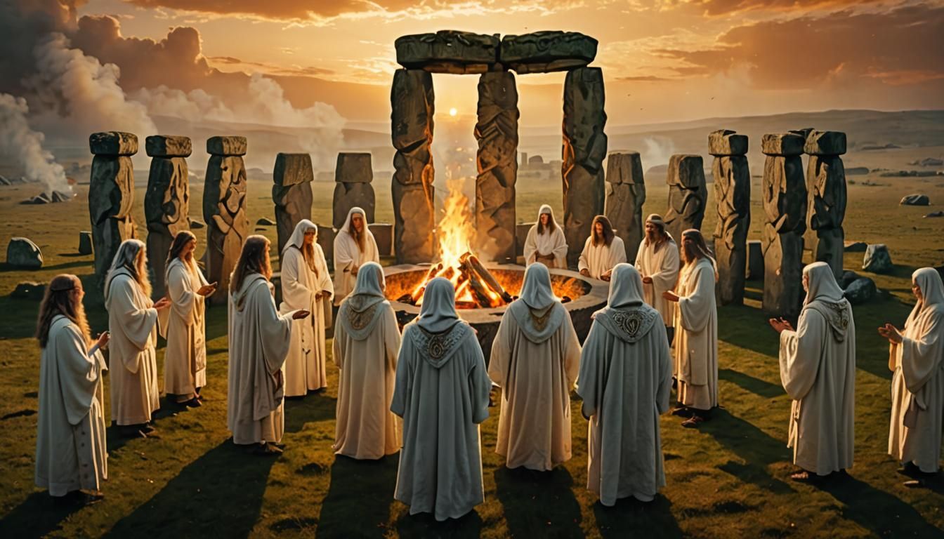 Druids Gather at Stonehenge Under Golden Light of Winter Sol...