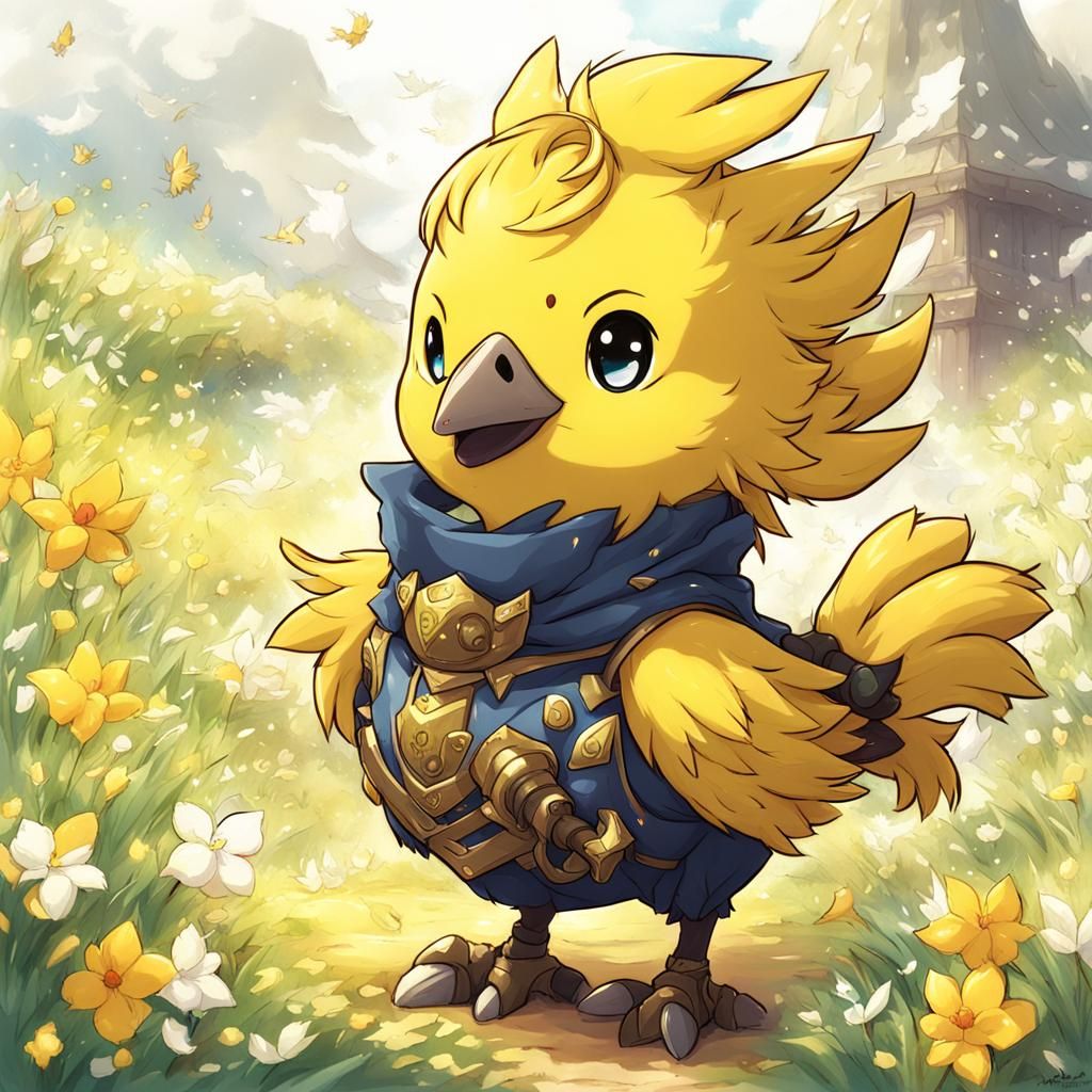 Cute Yellow Chocobo Swoons in Japanese Anime Style