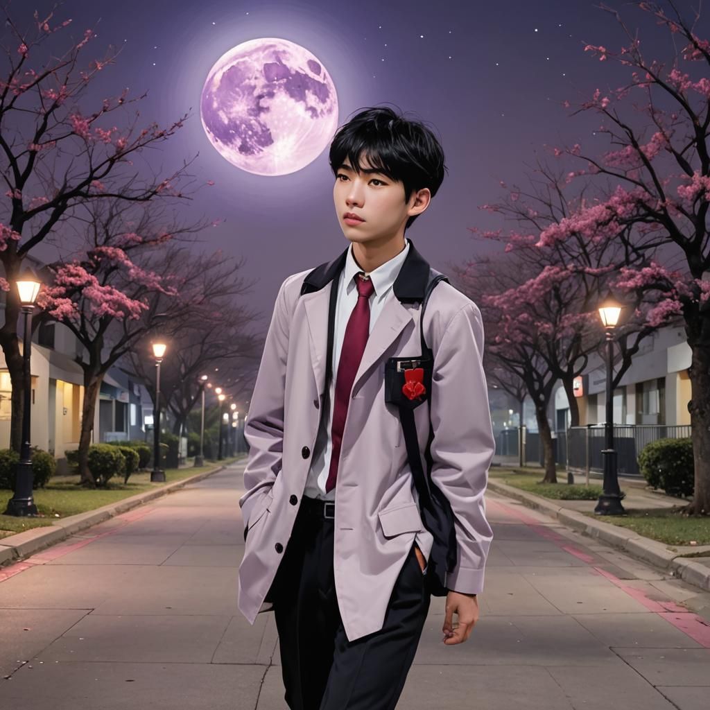 Handsome Asian Teen Boy Walking Home Under Purple Moon