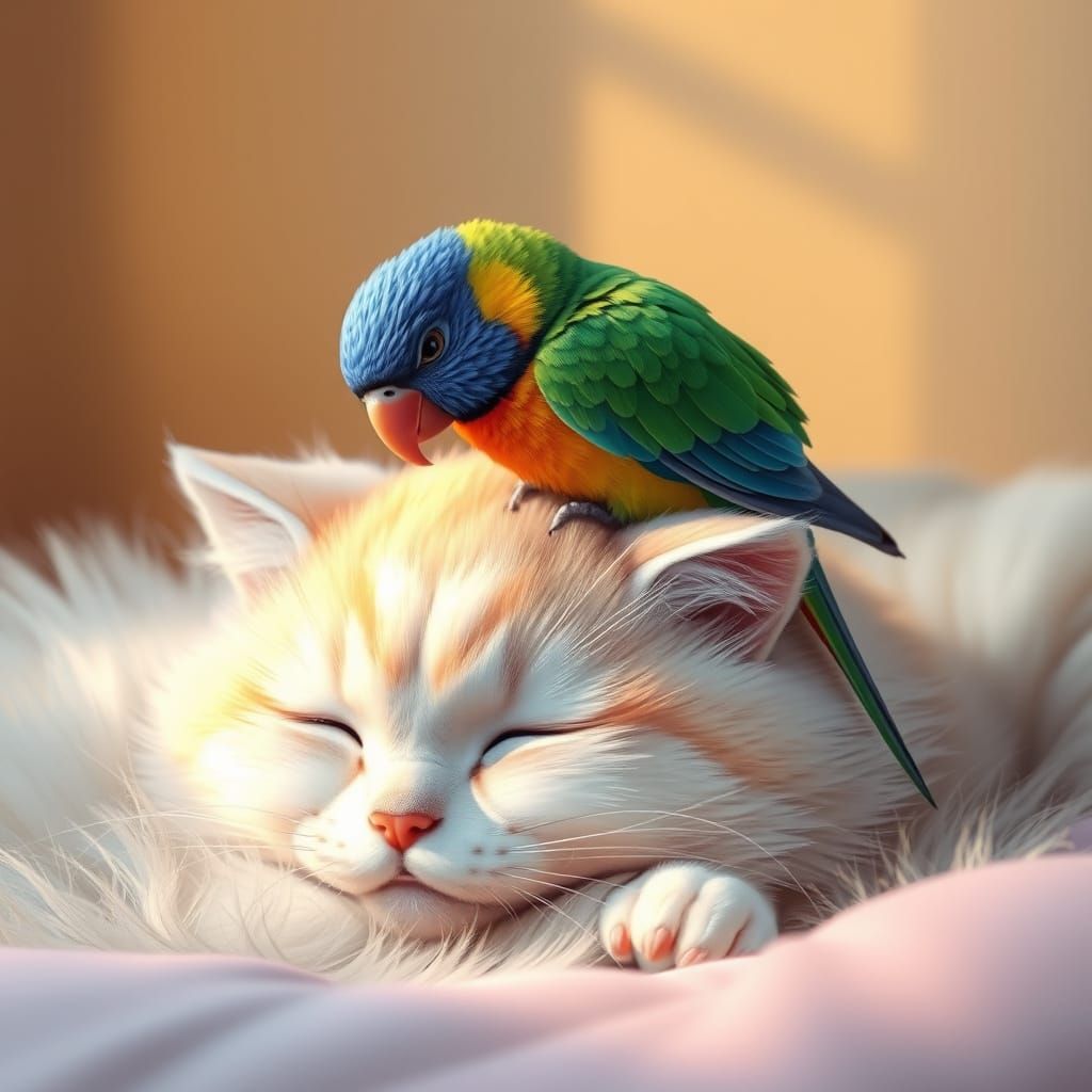Whimsical Cat and Parakeet in Soft Glow