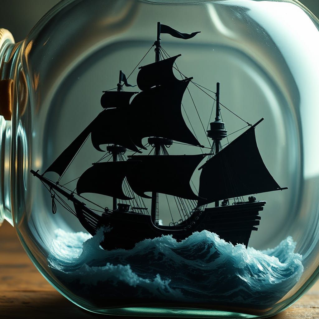 The Black Pearl in a Dramatic Glass Bottle Scene