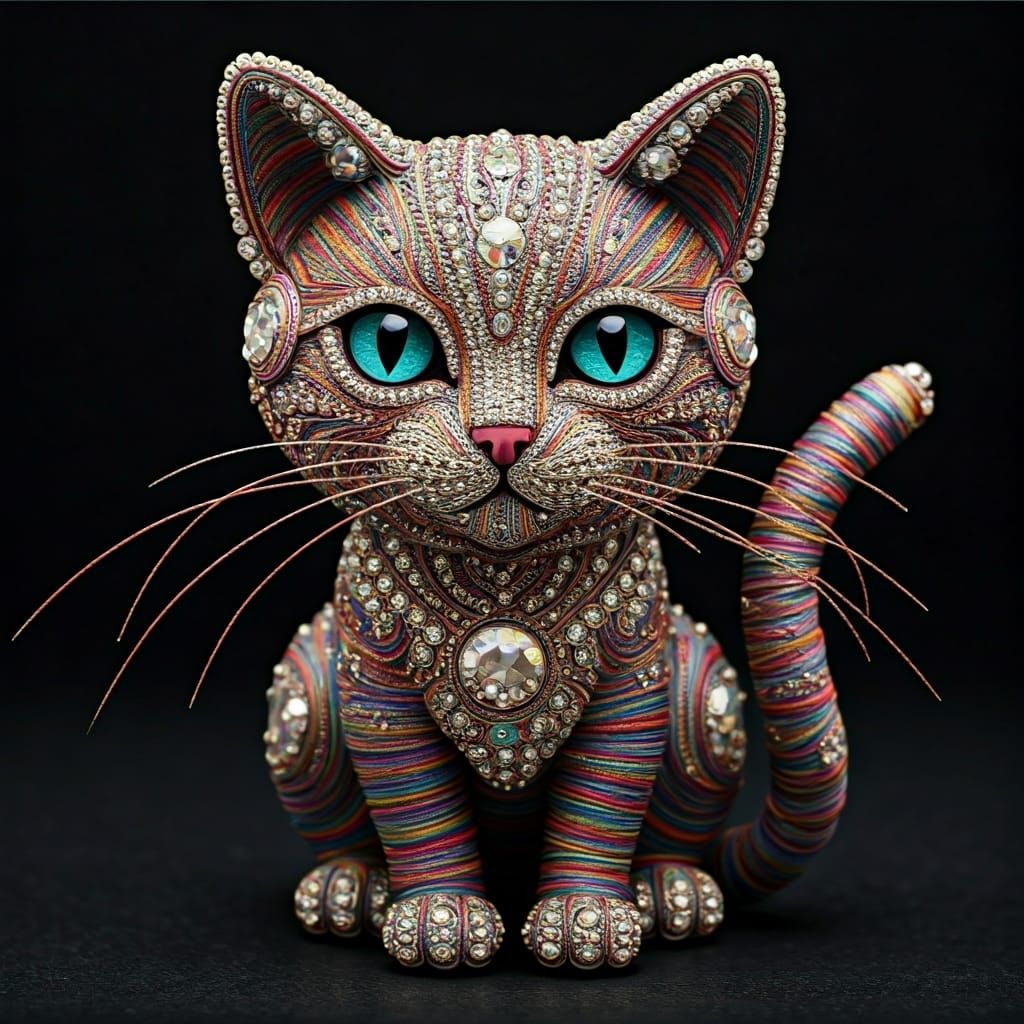 Whimsical Cat Sculpture with Diamonds and Pearls