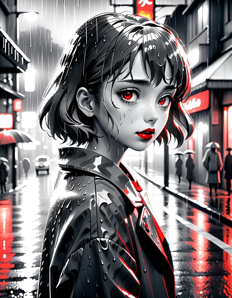 Elegant Woman on a Rainy Street Corner in Moody Monochrome