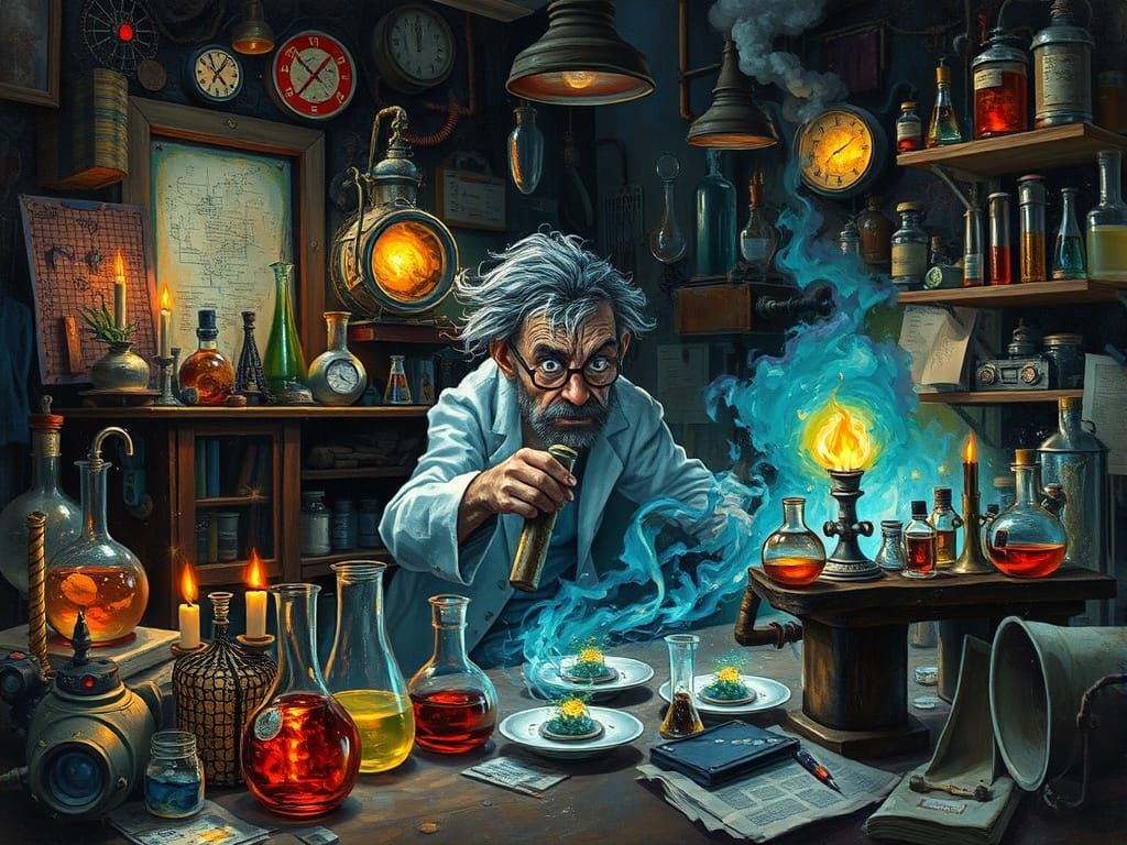 Mad Scientist in Chaotic Laboratory, Mixed Media Art
