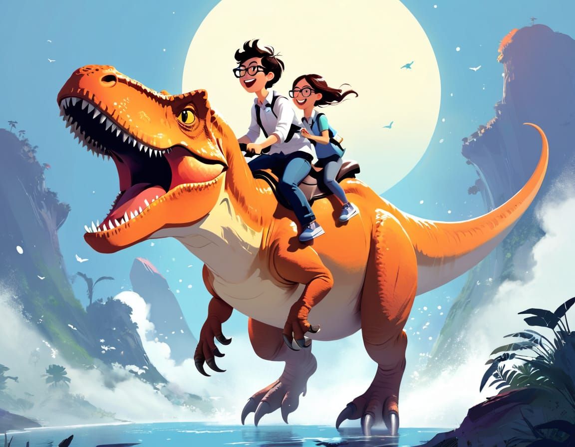 Scientist Rides Happy T-Rex in Playful Illustration