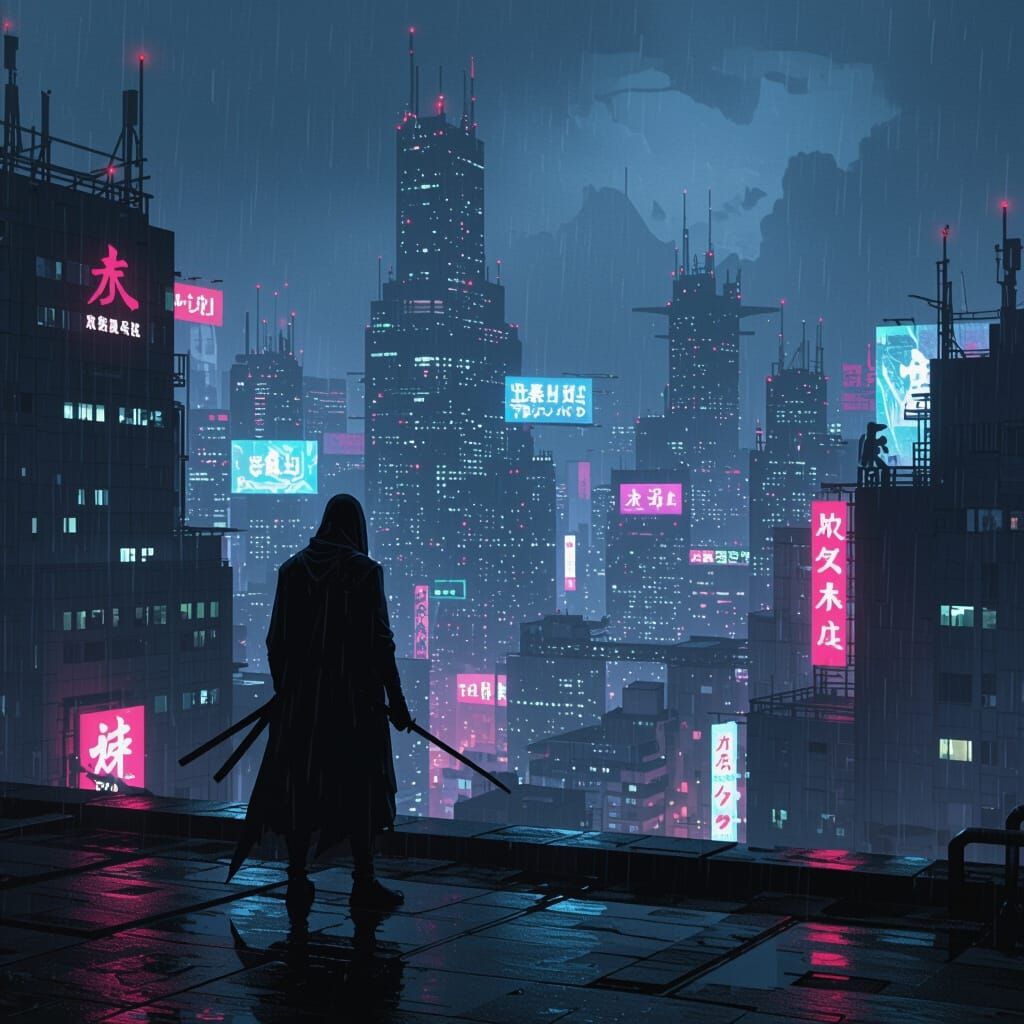 Lone Ninja Overlooking Neon Cyberpunk City in Dark Art Style