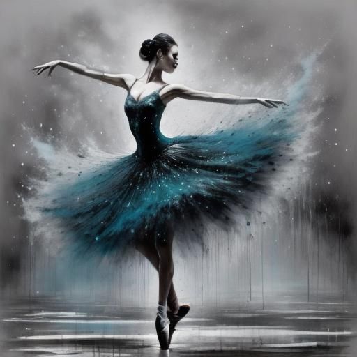 Ethereal Ballerina in Teal Tutu Dances in Rainy Mist