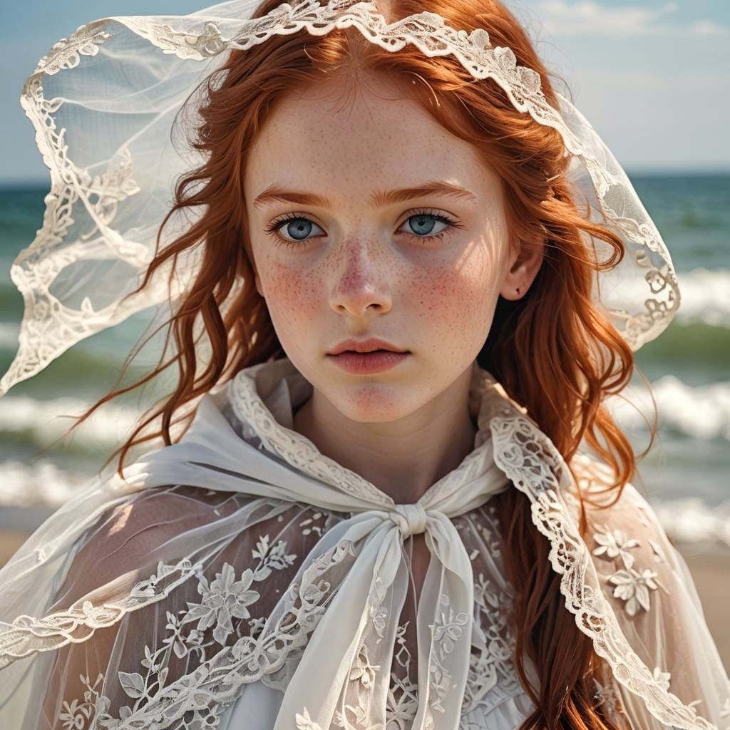 Expressive Redhead in Flowing White Cape