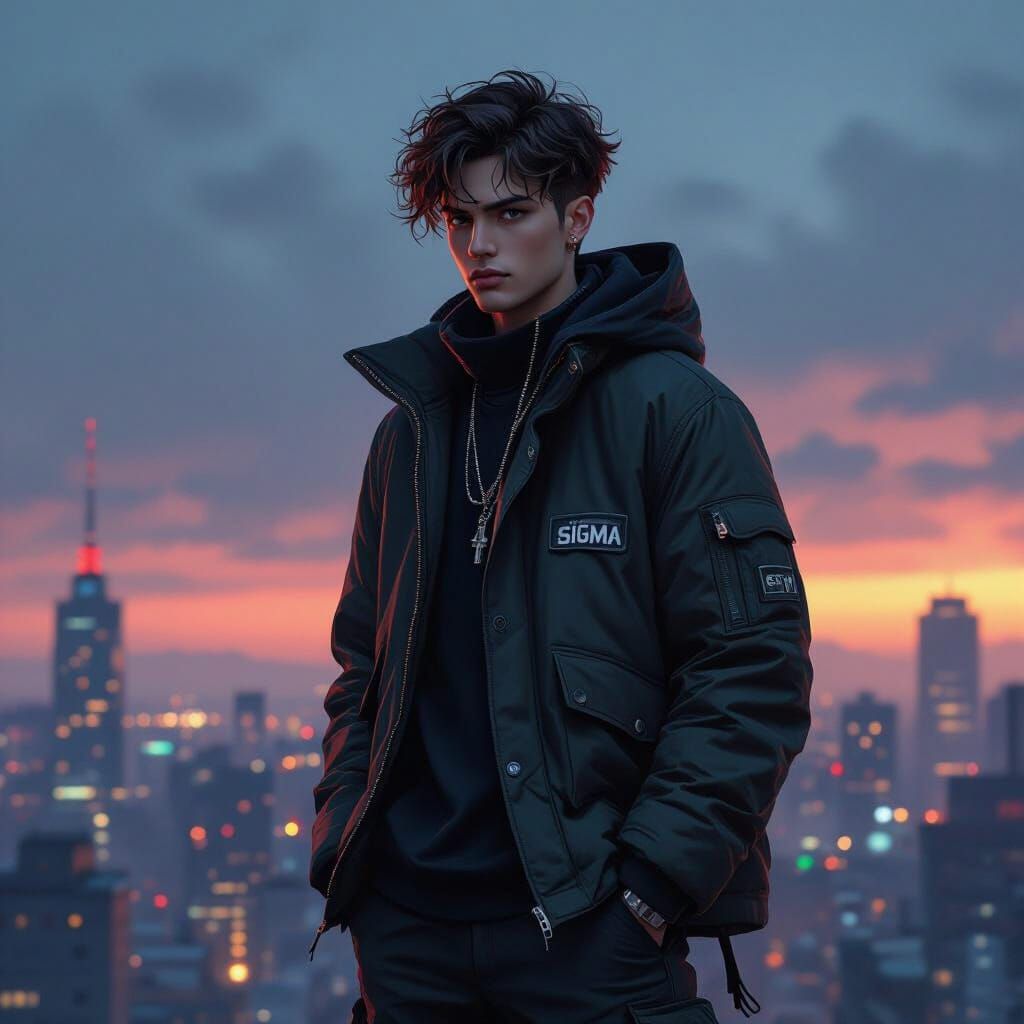 Stylish Sigma Boy in Cyberpunk Cityscape