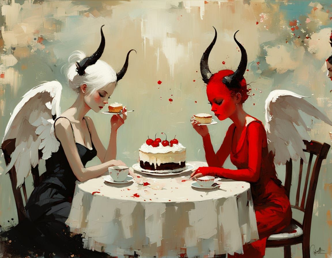 Angel and Demon Cake Party in Impressionistic Style