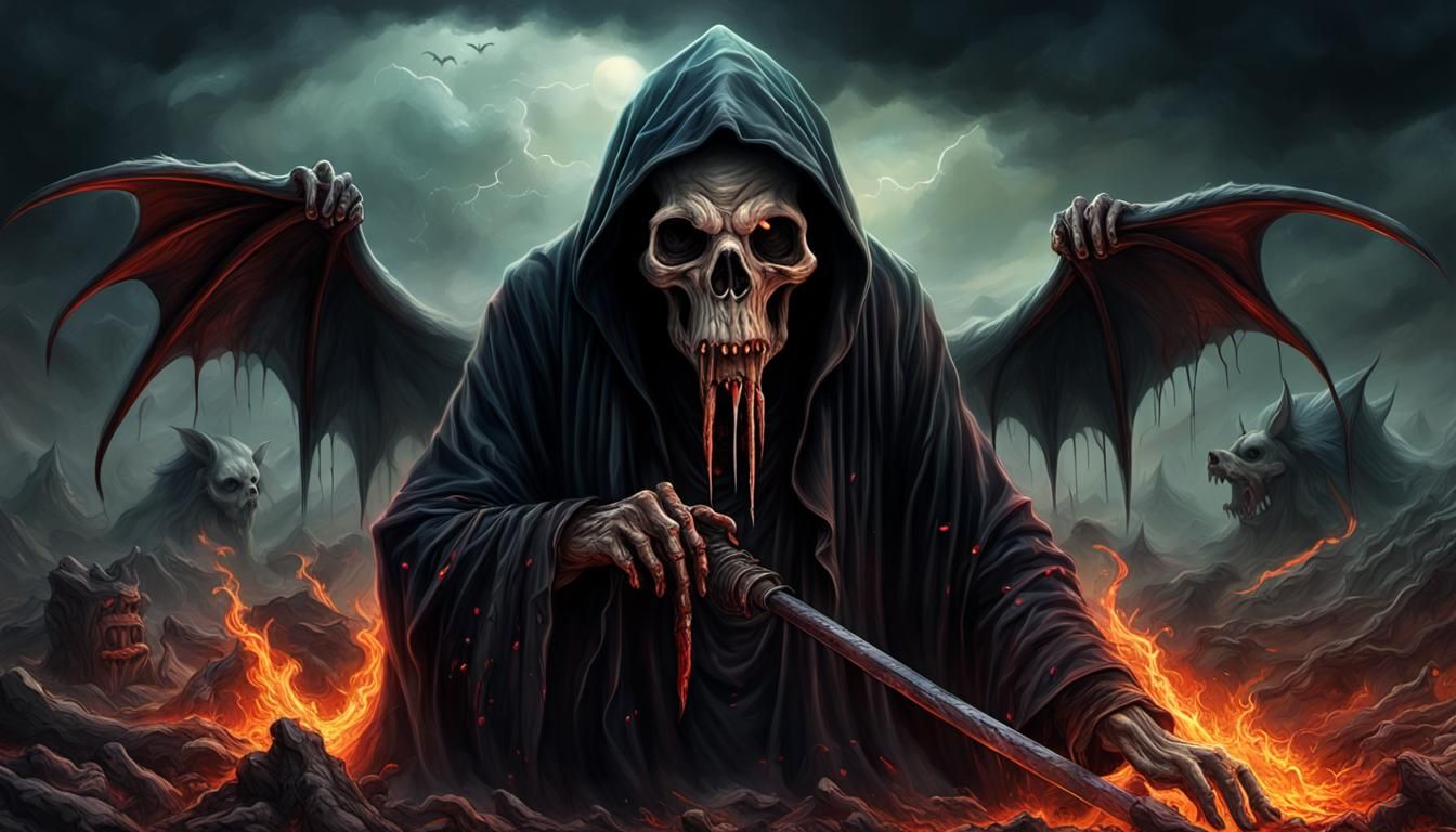 Vigilant Grim Reaper Amidst Visceral Pig Excrement