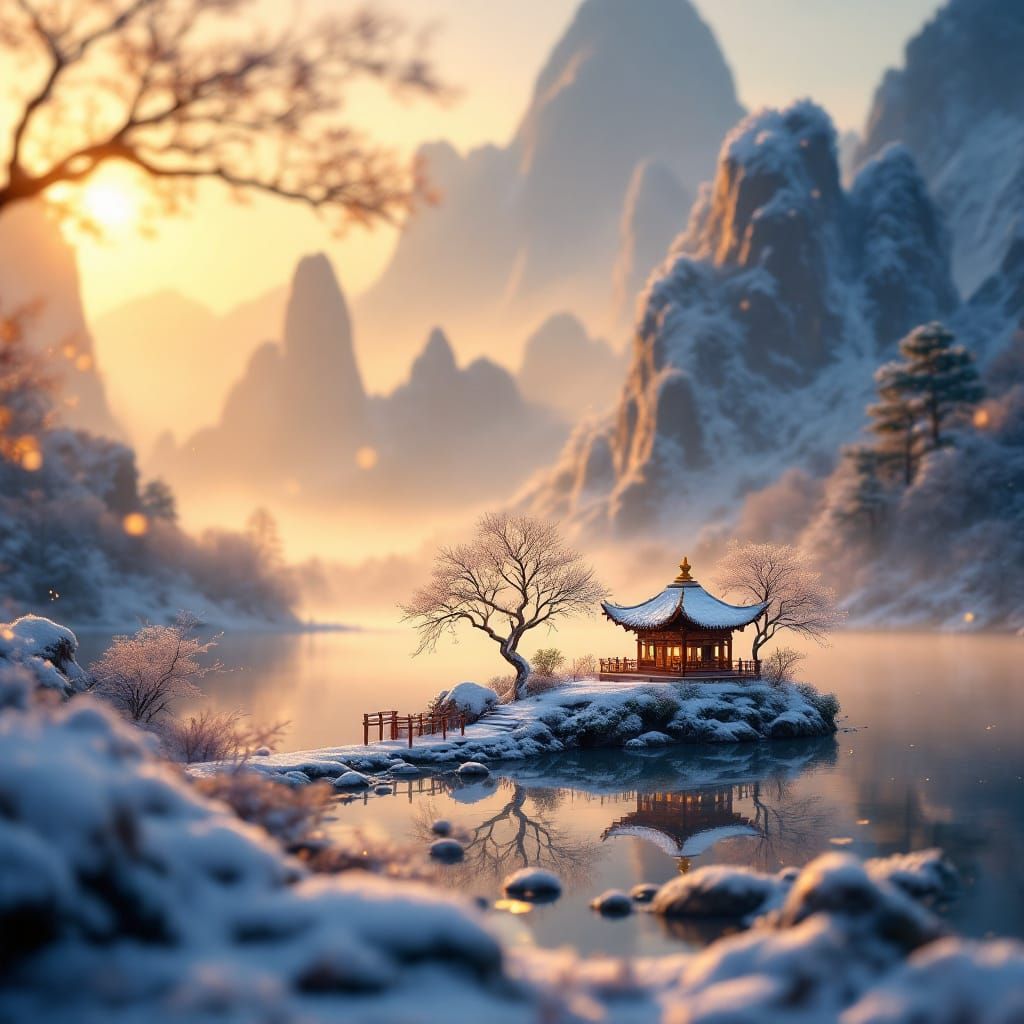 Miniature Guilin Mountains Shrine in Winter Golden Light