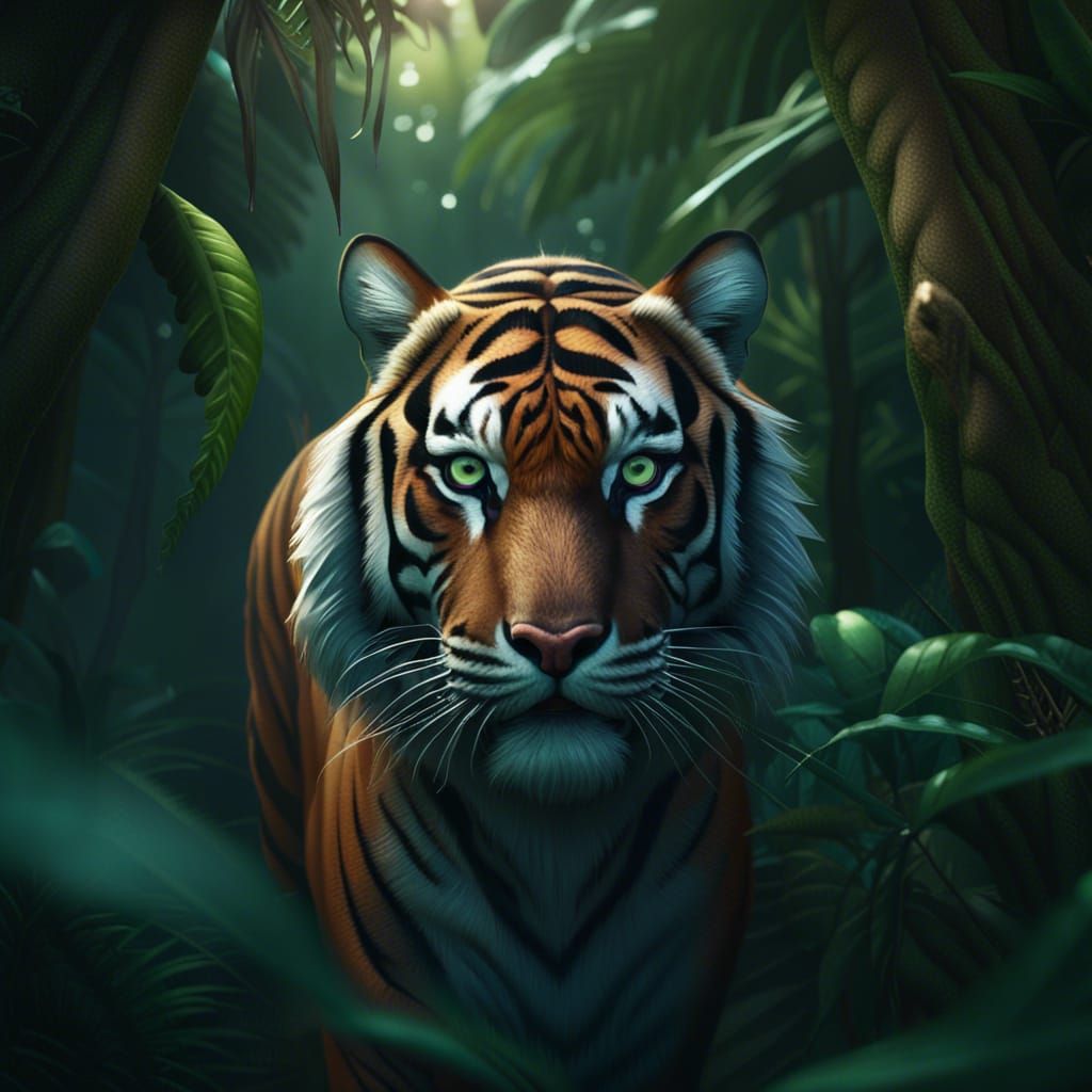 Realistic Tiger Portrait in Vibrant Jungle