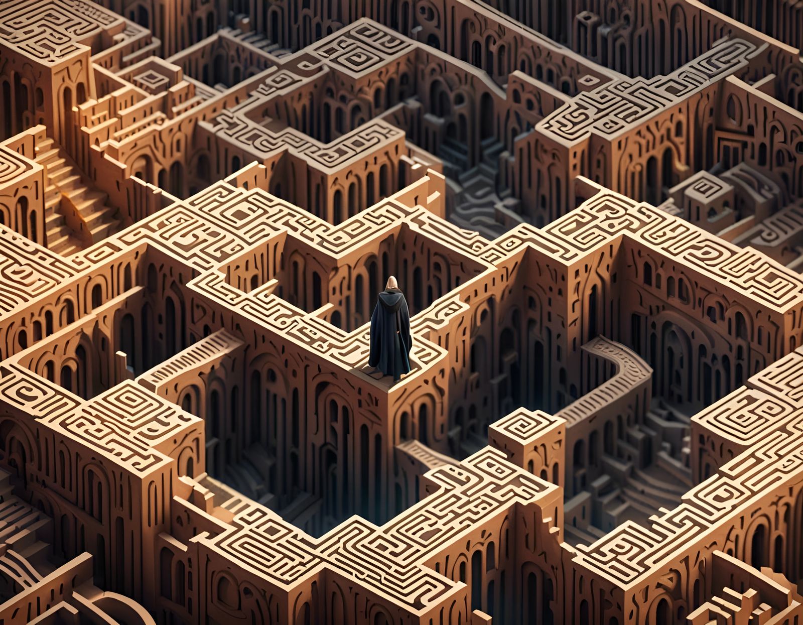 Mysterious Figure Navigates Intricate Maze in Ornate Digital...