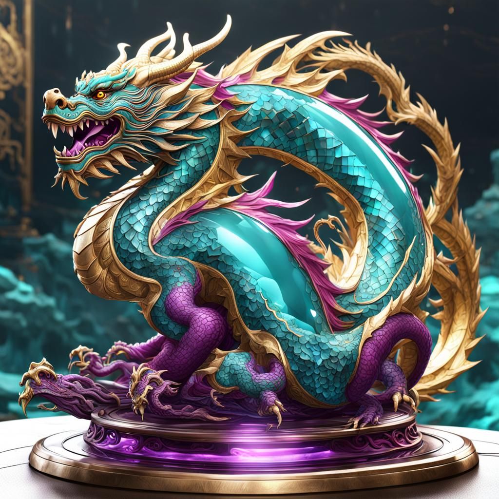 Surreal Glass Chinese Dragon in Vibrant Turquoise and Magent...