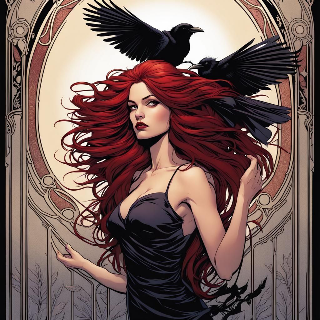 Woman in Elegant Art Nouveau Style with Raven Feathers and D...